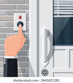 Hand push the bell button at the front door. Finger presses the doorbell switch. Person rings in the apartment. Flat vector illustration