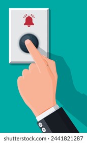 Hand push the bell button at the front door. Finger presses the doorbell switch. Person rings in the apartment. Flat vector illustration