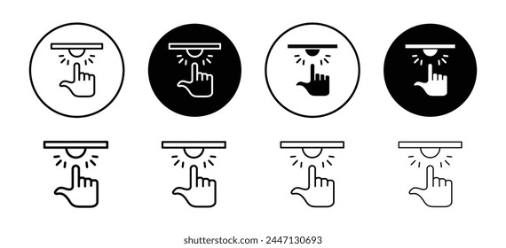 Hand push button click by hand finger icon. hit or press doorbell at house gate symbol. touch or activate emergency bell sound set