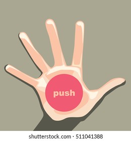 Hand push the button. Palm hand gesture. Vector illustration