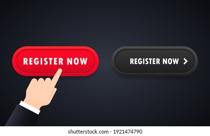 Hand push the button register now. Register now button icon set. For website. Registration. Vector on isolated background. EPS 10