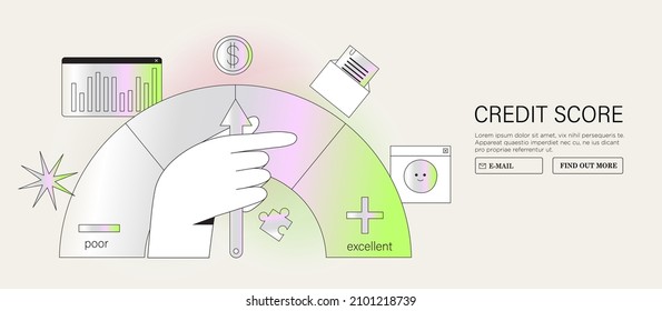 Indicador del velocímetro del indicador del indicador de la flecha de la puntuación de la puntuación del crédito de mano con niveles de color. Medición de una calificación deficiente a una excelente para el historial de crédito personal o el concepto de préstamos hipotecarios ilustra el vector.