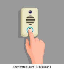 hand push doorbell button in wall. concept in cartoon illustration vector