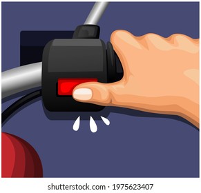 Hand push of an electric switch starter on motorcycle, cartoon vector illustration