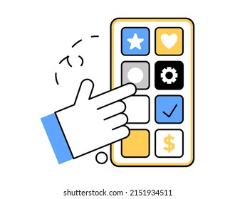 Hand push on app. App presentation concept.
