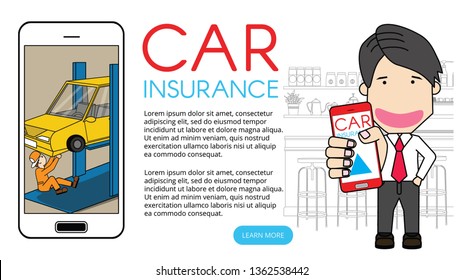 Hand push on smartphone application repair car and auto part icon Vector Illustration on wide background