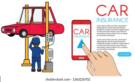 Hand push on smartphone application repair car and auto part icon Vector Illustration on wide background