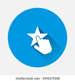 Hand push on star. Favorite vector icon on blue background. Flat image with long shadow.