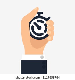 Hand push on stopwatch. Start time with chronometer. Time-management. Business concept vector illustration design icon