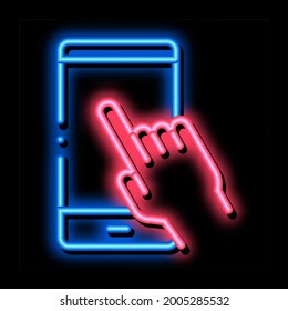 Hand Push Phone neon light sign vector. Glowing bright icon Hand Push Phone sign. transparent symbol illustration