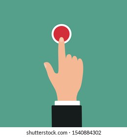 Hand push red button. Icon of web button. Vector illustration