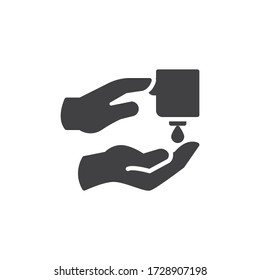 Hand push sanitizer gel vector icon. filled flat sign for mobile concept and web design. Hand washing with liquid soap glyph icon. Coronavirus prevention symbol, logo illustration. Vector graphics