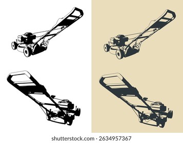 Hand push self-propelled lawn mower with gasoline engine stylized vector illustrations