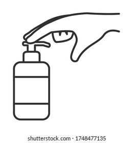 mano empujando una botella de jabón sobre fondo blanco, estilo de línea, ilustración vectorial