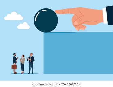 Mano empujando una roca para eliminar de la competencia. Conflicto y discusión entre colegas, diferencia de opinión, desacuerdo, confrontación. Ilustración vectorial plana.