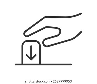 Botão de mão com seta para baixo. Limpar arte vetorial. Simboliza ação, controle, acionamento ou seleção.  Ótimo para interfaces, manuais ou instruções.
