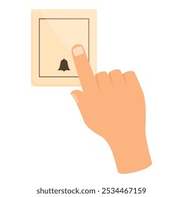 Hand is pushing a button with a bell symbol, indicating that someone is ringing a doorbell