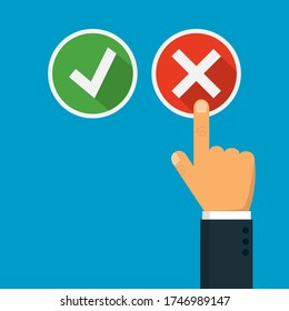 Hand pushing button with checkmark. icon isolated on white background. Vector illustration. Eps 10.