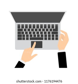 Hand pushing button on the laptop computer top view. Using internet in notebook. Isolated flat vector illustration
