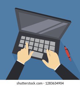 Hand pushing button on the laptop computer top view. Using internet in notebook. Isolated flat vector illustration