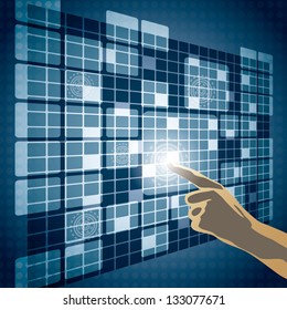 Hand pushing a button on a perspective blue touch screen