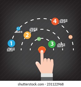 Hand pushing button.Colorful vector design for workflow layout,presentation template, diagram, number options, web design, infographics.