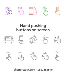 Pulsando los botones en los iconos de la pantalla. Conjunto de iconos de línea. Mano en el móvil, manos con el comprimido. Concepto de pantalla táctil. La ilustración vectorial puede utilizarse para temas como tecnologías modernas, Internet