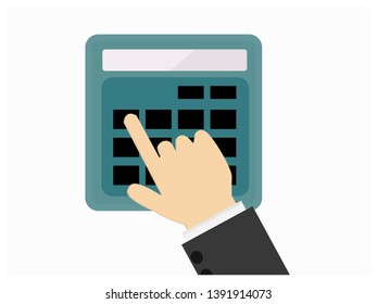 Hand pushing calculator button. Accounting, business and calculation concept. Flat design