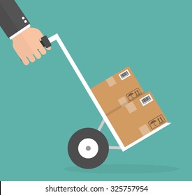Hand pushing hand cart, or holding dolly. Delivery concept. Flat style