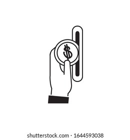 hand pushing coin money business financial line style icon vector illustration