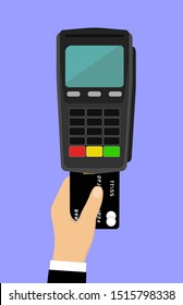 Hand pushing credit card into the pos terminal. Flat style. Using Pos terminal concept. Hand pushing credit card in to bank card reader. Credit card payment. Vector illustration in flat style. Transac