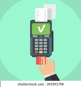 Hand pushing credit card from the pos terminal. Flat style. Vector illustration.