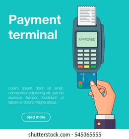 Hand pushing credit card from the pos terminal. Flat style. Vector illustration