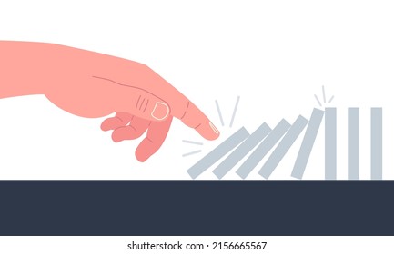 Hand pushing the domino effect. Business concept. Vector illustration.