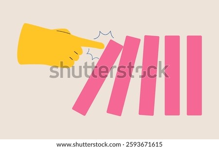 Hand pushing dominoes. Colorful vector illustration
