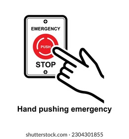 Hand pushing emergency red stop button isolated on background vector illustration.