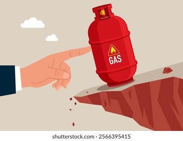 Hand pushing gas cylinder up. Growth rise of gas stock prices and growth of extraction concept. Modern flat vector illustration.