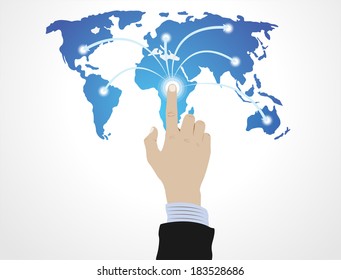 Hand pushing Globe touch screen Vector. 