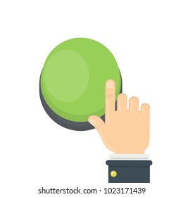 Hand pushing green button on white background.