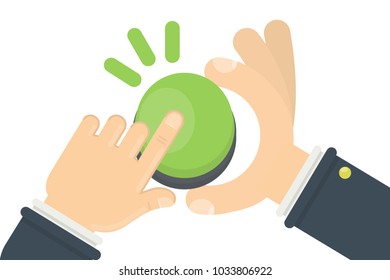 Hand pushing green button on white background.