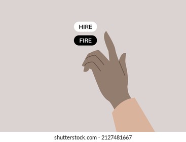 Una mano empujando botones de tiro y de alquiler, entrevistas de trabajo, concepto de RRH