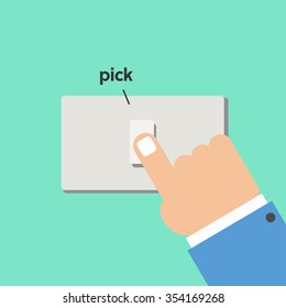 Hand pushing the light button to turn off the light to saving the global warming. minimal flat design vector illustration.