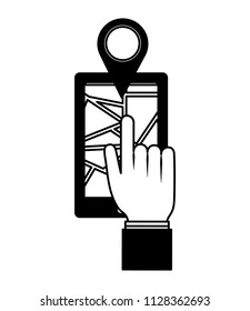 hand pushing marker gps location on smartphone