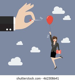 Hand pushing needle to pop the balloon of woman. Business concept