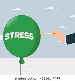 Hand pushing the needle to pop the green STRESS balloon vector illustration