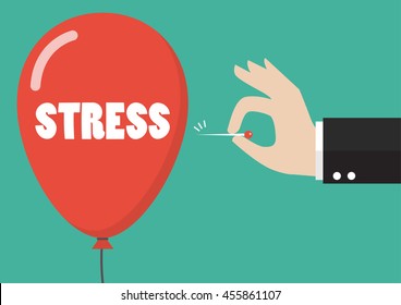 Hand pushing needle to pop the stress balloon. Business concept