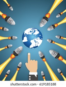 hand pushing Nuclear war - atom bombs falling on Earth,paper art style