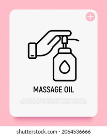 Hand pushing on the bottle with pump. Massage oil thin line icon. Modern vector illustration.