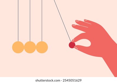 Hand pushing a pendulum. Leader or business partner initiates changes or beginnings, setting the pace and direction for the company. Vector illustration