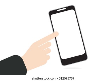 hand pushing or press on touch screen at mobile phone in vector
